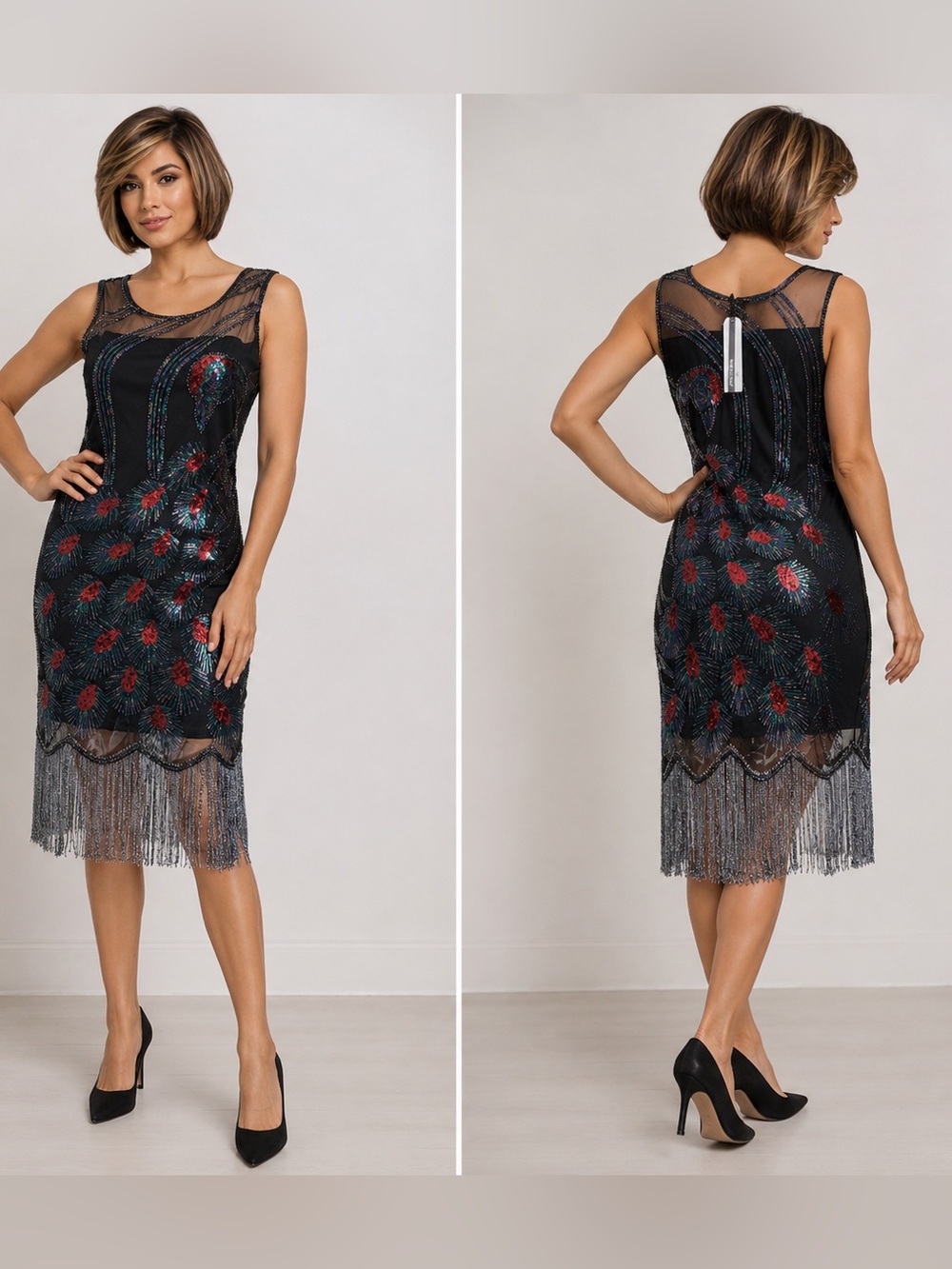 BABEYOND 20s Big Gatsby Style Cocktail Dress with Peacock Embroidery